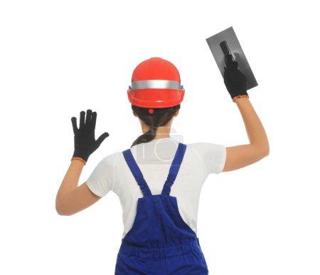 Photo for Professional worker with putty knife on white background, back view - Royalty Free Image