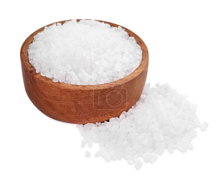 Photo for Wooden bowl and heap of natural sea salt isolated on white - Royalty Free Image