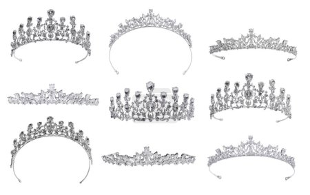 Photo for Collage of beautiful silver tiaras with diamonds on white background - Royalty Free Image