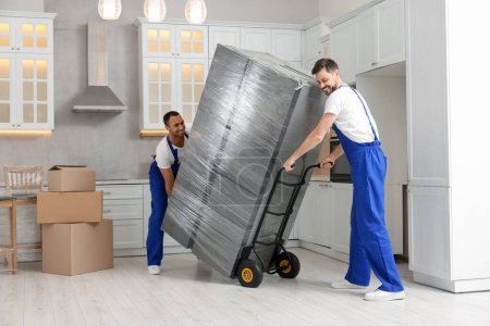 Foto de Motores masculinos llevando refrigerador en casa nueva - Imagen libre de derechos