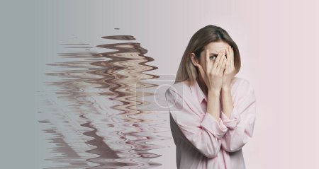 Photo for Scared woman having hallucination on light background. Distorted image - Royalty Free Image