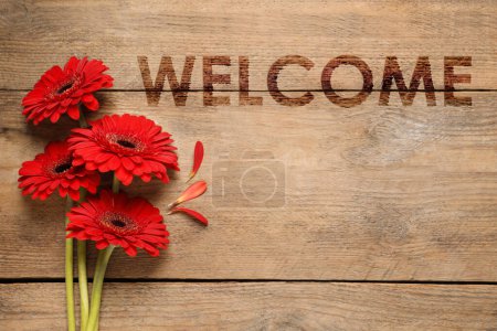 Foto de Welcome card. Beautiful red gerbera flowers and word on wooden table, top view - Imagen libre de derechos