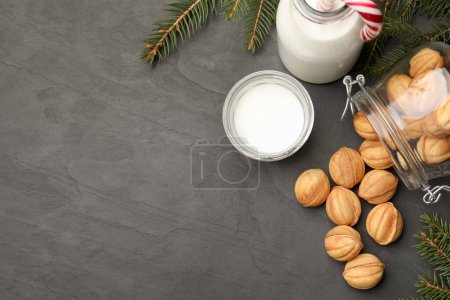 Téléchargez les photos : Homemade walnut shaped cookies, milk and fir branches on black table, flat lay. Space for text - en image libre de droit