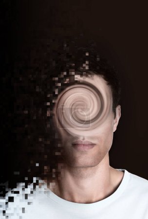 Téléchargez les photos : Suffering from hallucination. Distorted photo of man on dark background - en image libre de droit