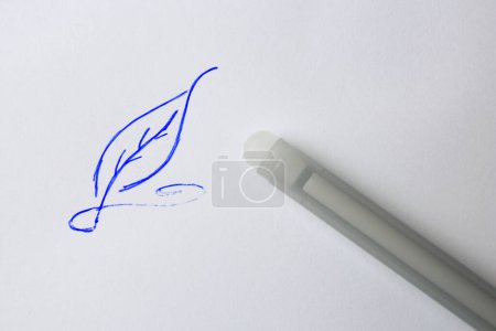 Photo for Leaf drawn on sheet of paper with erasable pen, top view - Royalty Free Image