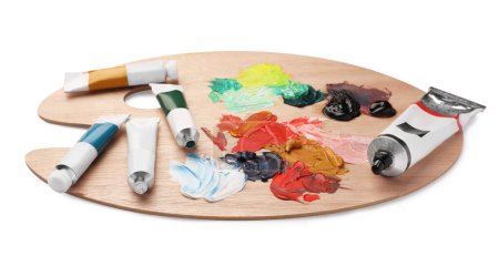 Téléchargez les photos : Palette en bois avec peintures à l'huile sur fond blanc - en image libre de droit