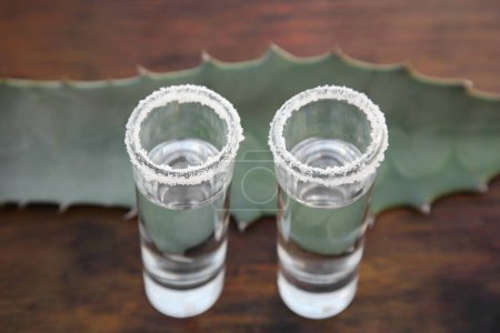 Foto de Mexican tequila shots with salt and green leaf on wooden table, closeup. Drink made of agava - Imagen libre de derechos