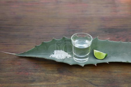 Foto de Tequila mexicana, sal, rodaja de lima y hoja verde sobre mesa de madera. Bebida hecha de agava - Imagen libre de derechos