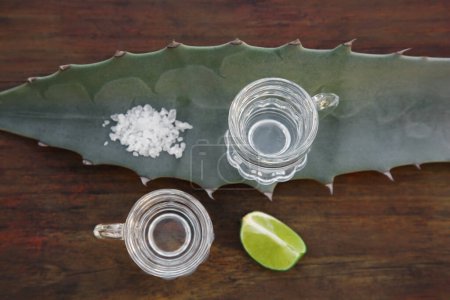 Foto de Tiros de tequila mexicano, sal, rodaja de lima y hoja verde sobre mesa de madera, puesta plana. Bebida hecha de agava - Imagen libre de derechos