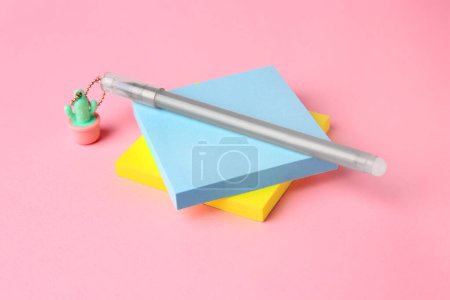 Photo for Colorful paper notes with erasable pen on pink background, closeup - Royalty Free Image