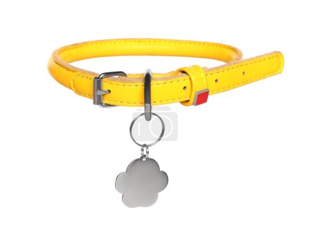 Foto de Yellow leather dog collar with tag isolated on white - Imagen libre de derechos