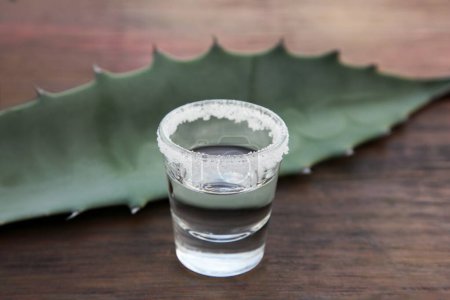 Foto de Mexican tequila shot with salt and green leaf on wooden table, closeup. Drink made of agava - Imagen libre de derechos