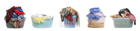 Foto de Set con diferentes cestas llenas de ropa sobre fondo blanco - Imagen libre de derechos