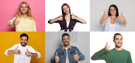 Foto de Collage with photos of people showing thumbs up on different color backgrounds - Imagen libre de derechos