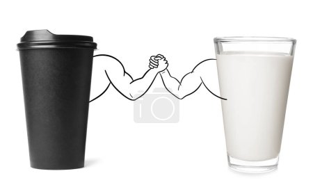 Foto de Takeaway cup of coffee and glass of milk handshaking on white background. Illustration of bodybuilders' arms - Imagen libre de derechos