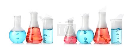 Foto de Set of laboratory flasks and beakers with colorful liquids on white background. Chemical reaction - Imagen libre de derechos