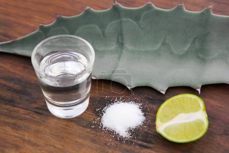 Foto de Tequila mexicana, sal, lima y hoja verde sobre mesa de madera, primer plano. Bebida hecha de agava - Imagen libre de derechos