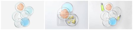 Téléchargez les photos : Petri dishes with skin care products on white background, top view. Collage design - en image libre de droit
