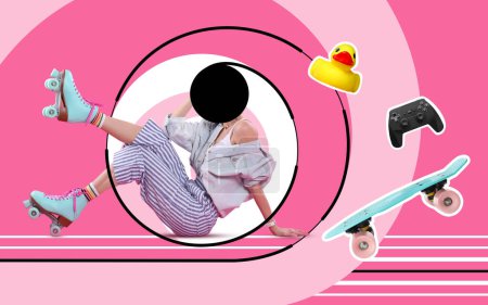 Photo for Popular obsessions. Woman with black hole instead of head on color background. Toy duck, gamepad and skateboard flying near - Royalty Free Image