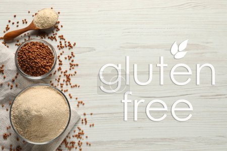 Photo for Gluten free products. Buckwheat flour and text on white wooden table, top view - Royalty Free Image