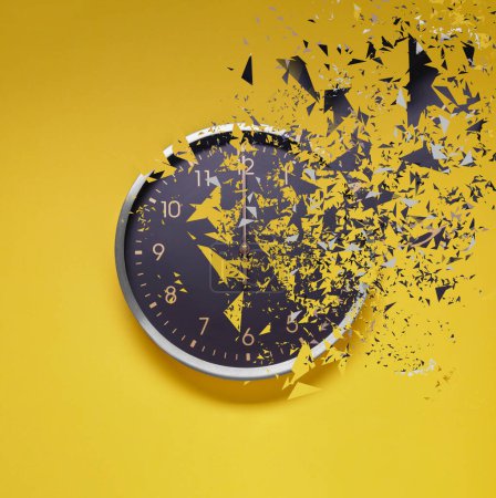 Foto de Fleeting time concept. Analog clock dissolving on yellow background - Imagen libre de derechos