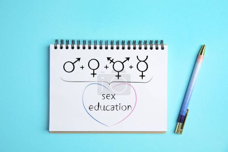 Notebook with text Sex Education, male, female, transgender and gender fluid signs on light blue background, top view Poster 644400060