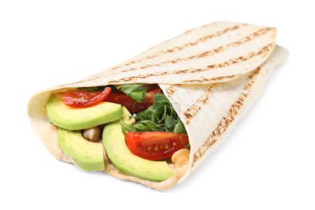 Photo for Delicious hummus wrap with vegetables isolated on white - Royalty Free Image