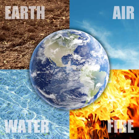 Téléchargez les photos : Ensemble de quatre éléments avec leurs noms et globe. Terre, air, eau et feu - en image libre de droit