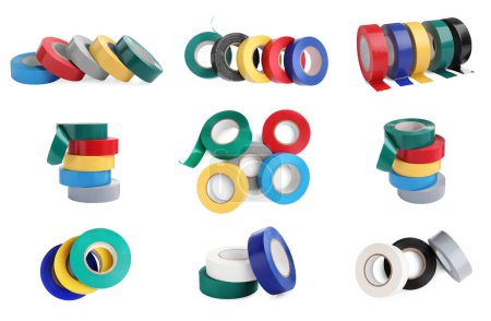 Photo for Collage with many colorful insulating tapes on white background - Royalty Free Image