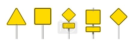 Different yellow blank road signs on white background, collage design