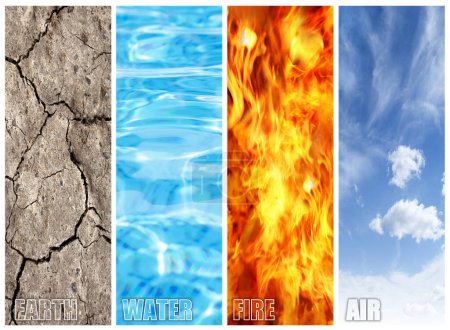 Téléchargez les photos : Ensemble de quatre éléments avec leurs noms. Terre, eau, feu et air - en image libre de droit