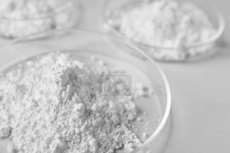Petri dishes with calcium carbonate powder on white table, closeup