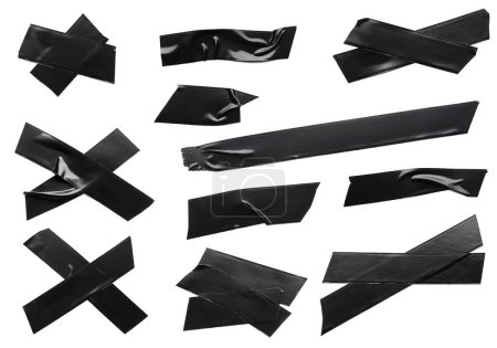 Collage mit Stücken schwarzen Isolierbands auf weißem Hintergrund