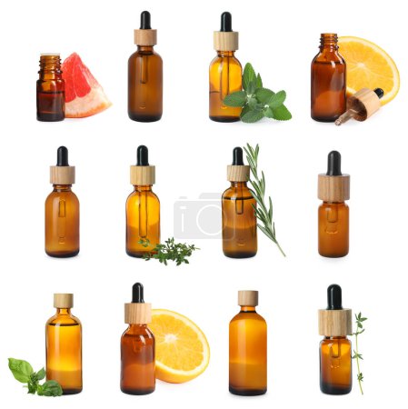 Foto de Muchos aceites esenciales e ingredientes diferentes sobre fondo blanco, collage - Imagen libre de derechos