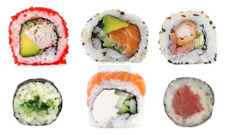Téléchargez les photos : Ensemble de délicieux rouleaux de sushi différents sur fond blanc - en image libre de droit