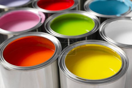 Photo for Cans of different colorful paints as background - Royalty Free Image