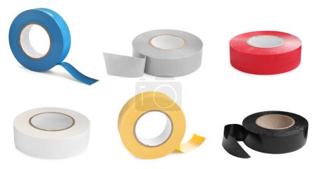 Photo for Collage with insulating tapes in different colors on white background - Royalty Free Image