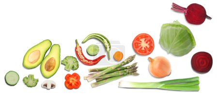 Collage mit viel Gemüse und Obst auf weißem Hintergrund, Draufsicht