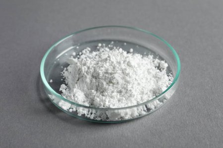 Foto de Placa Petri con carbonato de calcio en polvo sobre mesa gris - Imagen libre de derechos