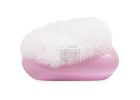 Photo for Soap bar with fluffy foam on white background - Royalty Free Image