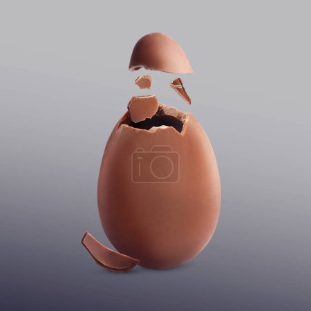Photo for Broken milk chocolate egg on gradient grey background - Royalty Free Image