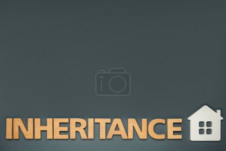 Photo for Word Inheritance made with wooden letters and house model on grey background, flat lay. Space for text - Royalty Free Image
