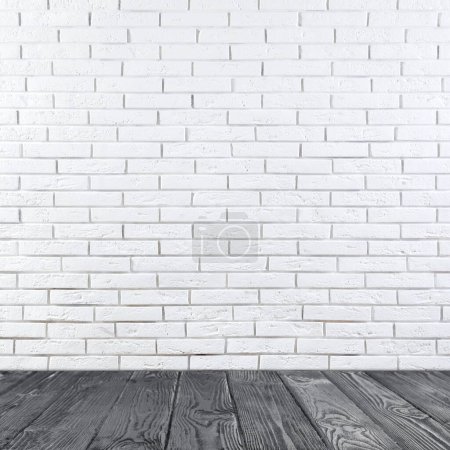 Room with white brick wall and wooden floor Poster 648554484