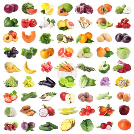 Foto de Muchas frutas y verduras frescas sobre fondo blanco, diseño de collage - Imagen libre de derechos