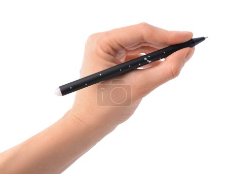 Photo for Woman holding erasable pen on white background, closeup - Royalty Free Image