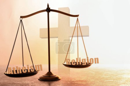 Photo for Choice between atheism and religion. Scales with words on textured surface against cross - Royalty Free Image