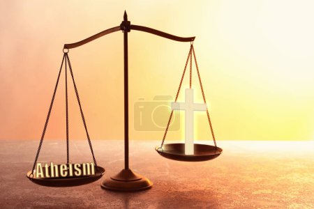 Photo for Choice between atheism and religion. Scales with word and cross on textured surface - Royalty Free Image
