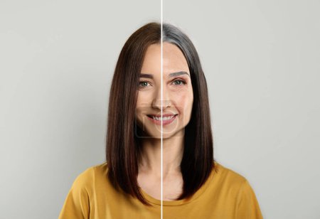 Veränderungen im Aussehen während des Alterns. Porträt einer Frau, die in zwei Hälften geteilt wird, um sie in jüngerem und älterem Alter zu zeigen. Collage-Design auf hellgrauem Hintergrund