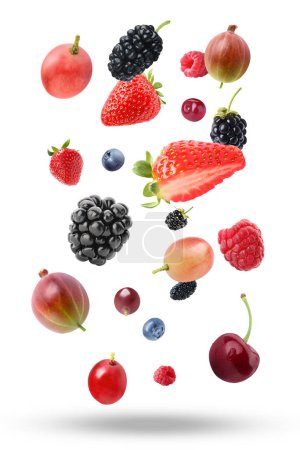 Photo for Many different fresh berries falling on white background - Royalty Free Image