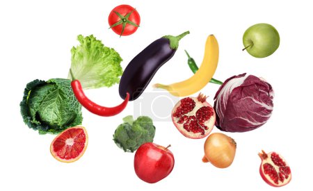 Viel frisches Gemüse und Obst auf weißem Hintergrund